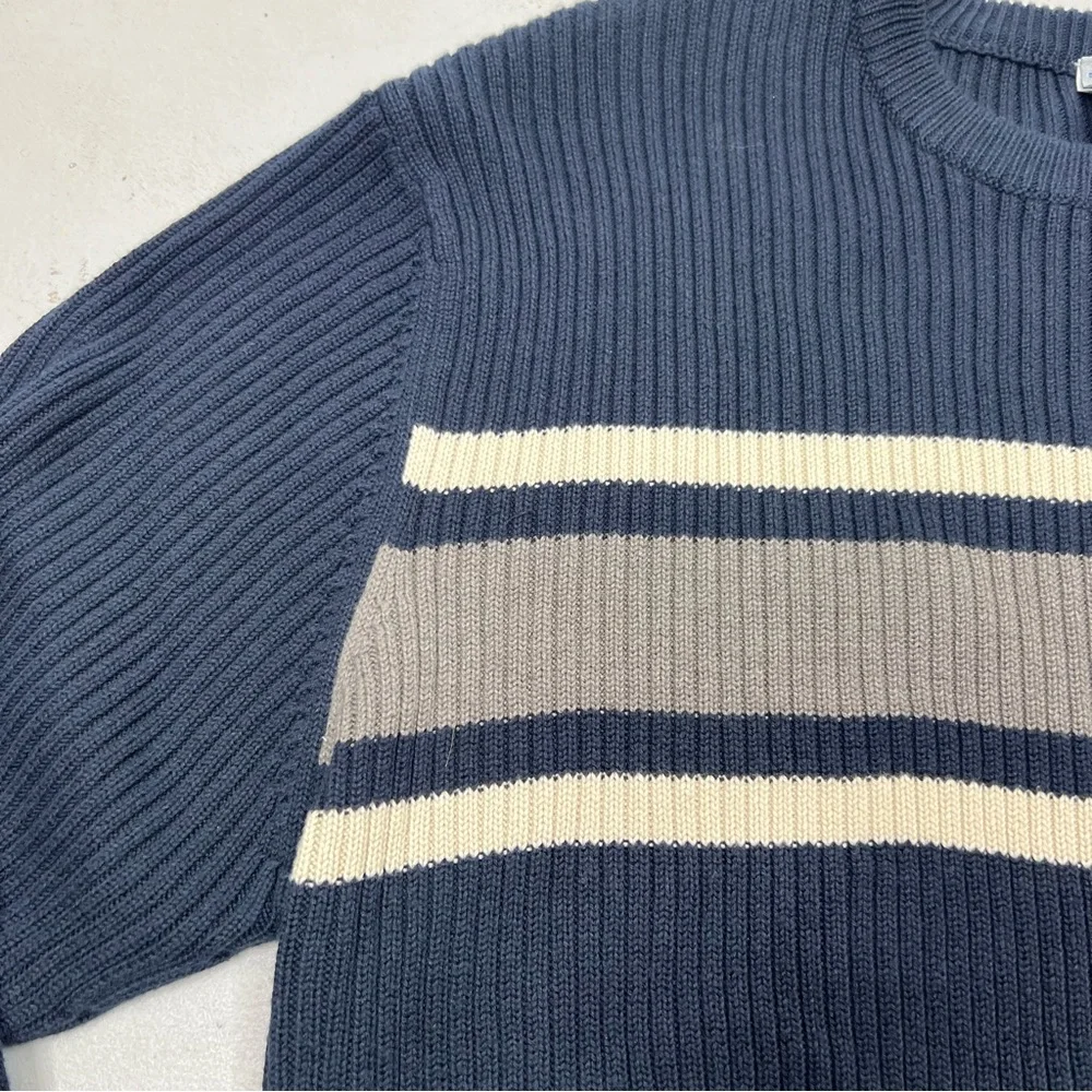 Aeropostale Men’s Vintage Y2K Slim Fit Navy Crème/Gray Stripe Pullover Sweater